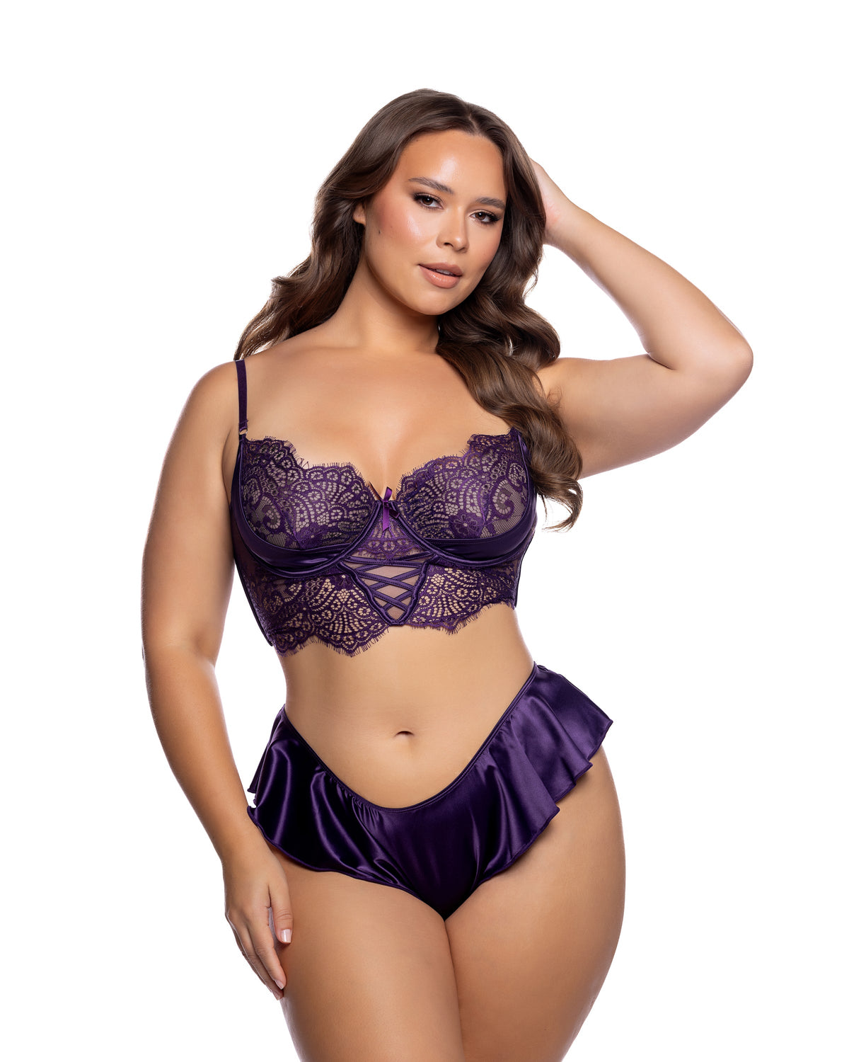 Haute Night Eyelash Lace Balconette Bra & Ruffle Brazilian Shorts Set
