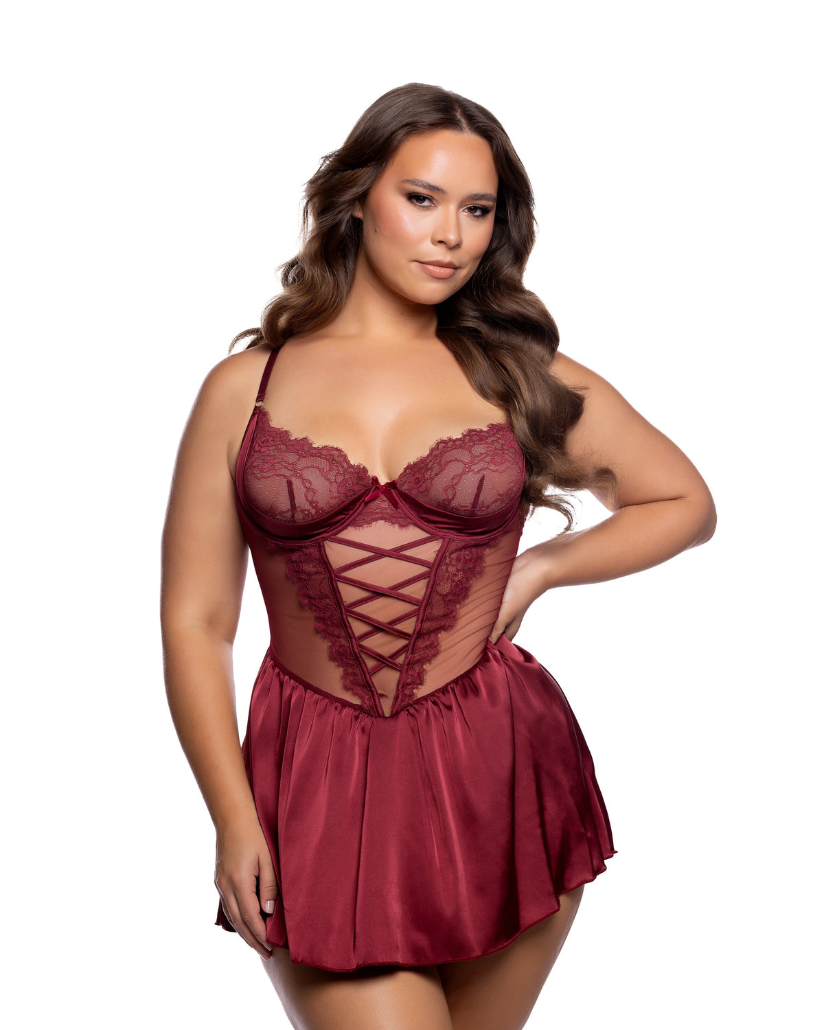 Haute Night Chantilly Lace & Satin Balconette Babydoll with Keyhole Back