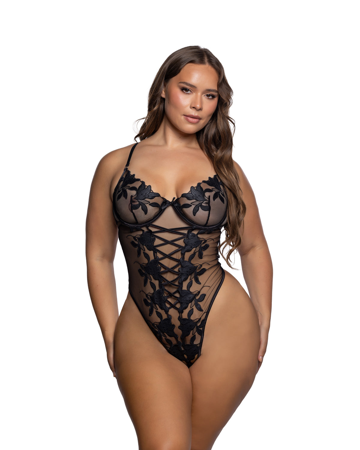 Satin Lily Black Embroidered Teddy with Underwire Demi Cups