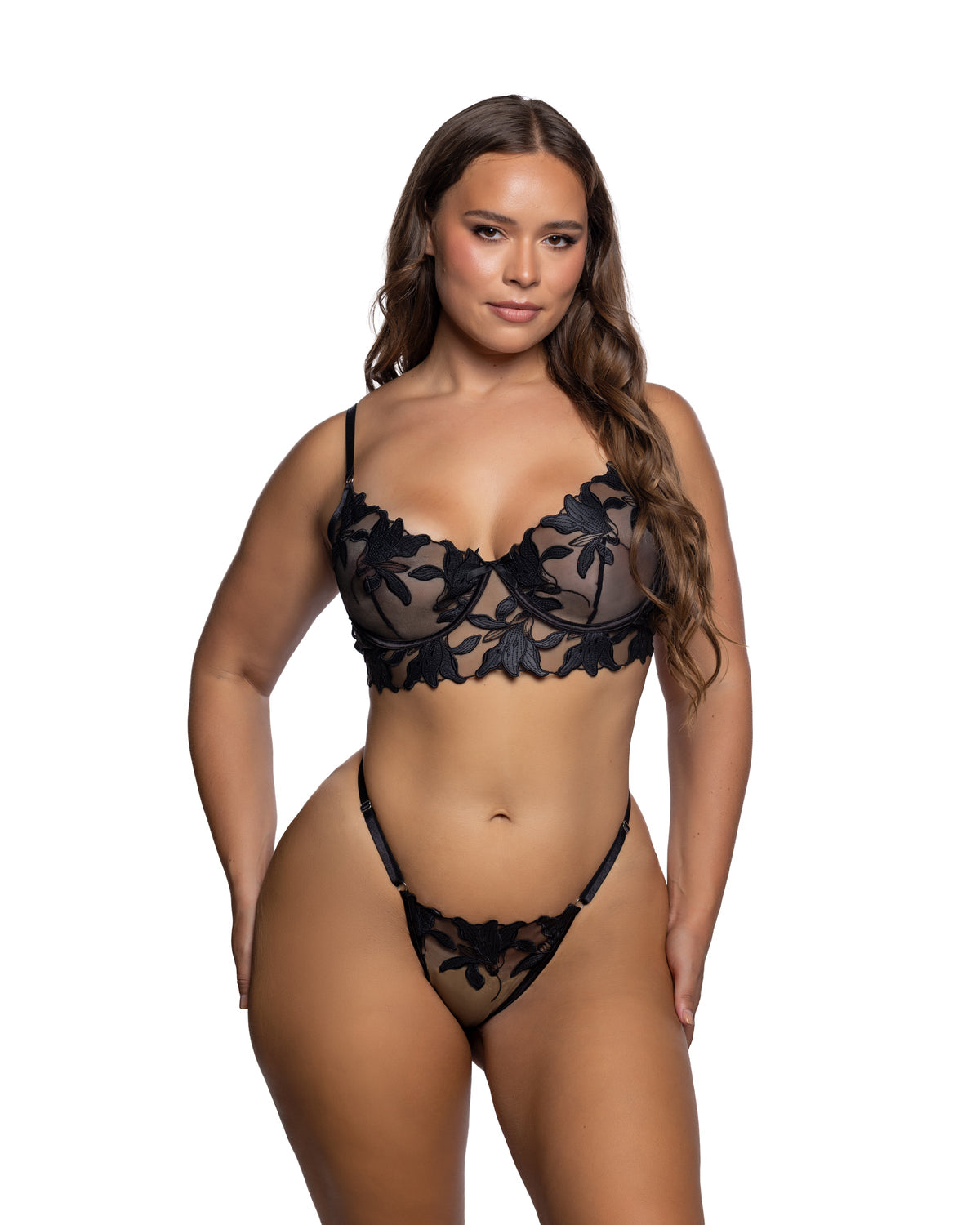 Satin Lily Black Embroidered Underwire Demi Bra & Thong Set