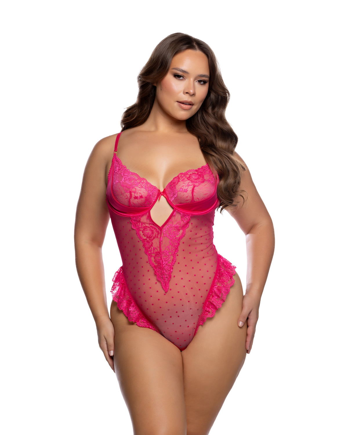 Lacey Rose Hot Pink Lace Teddy with Underwire Plunge Cups & Ruffle Legs