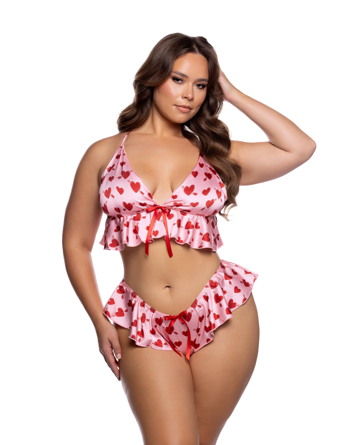 Cupid Heart Satin Bralette & Ruffle Shorts Pajama Set with Heart Print