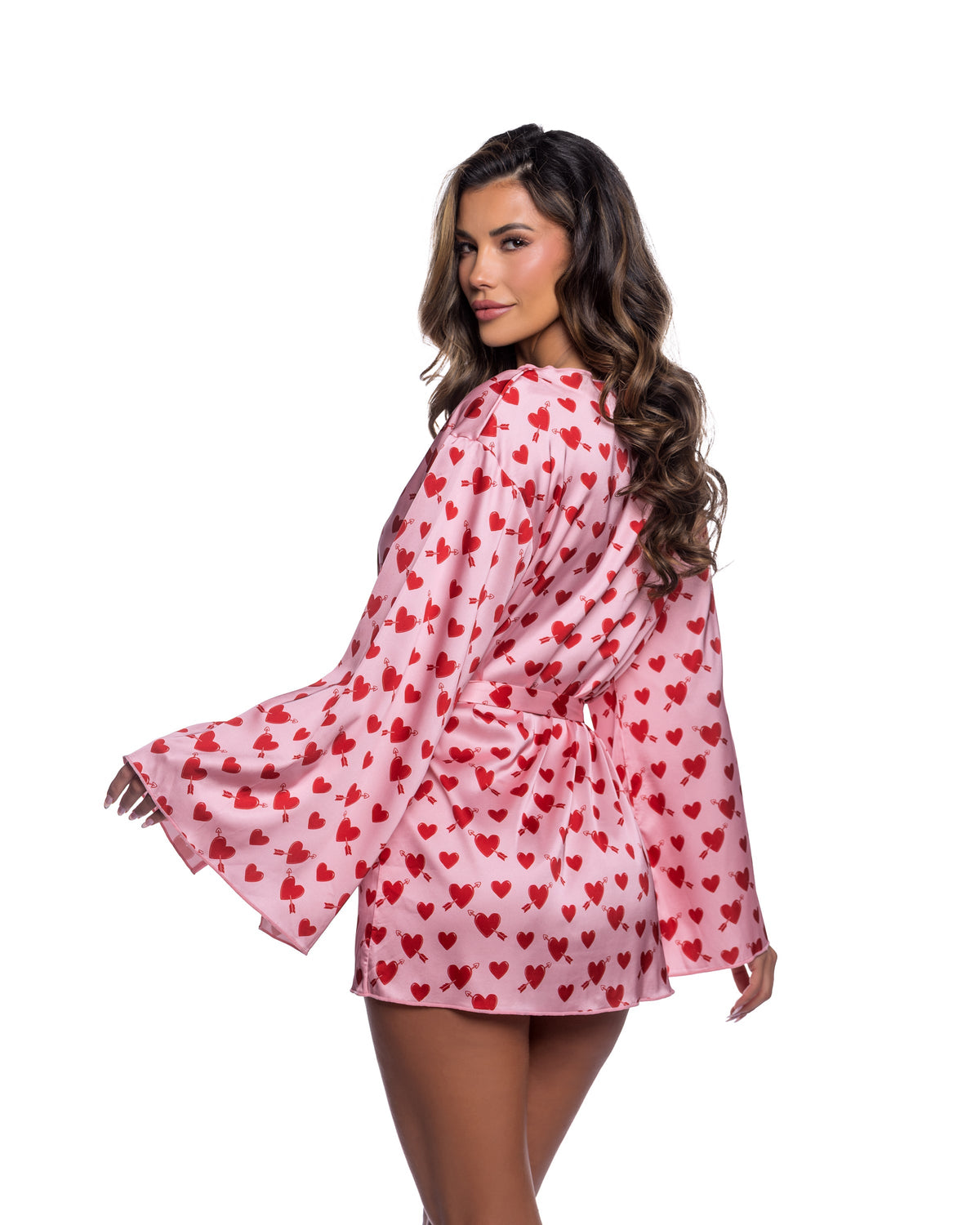 Cupid Heart Satin Kimono Robe with Heart Print & Waist Sash