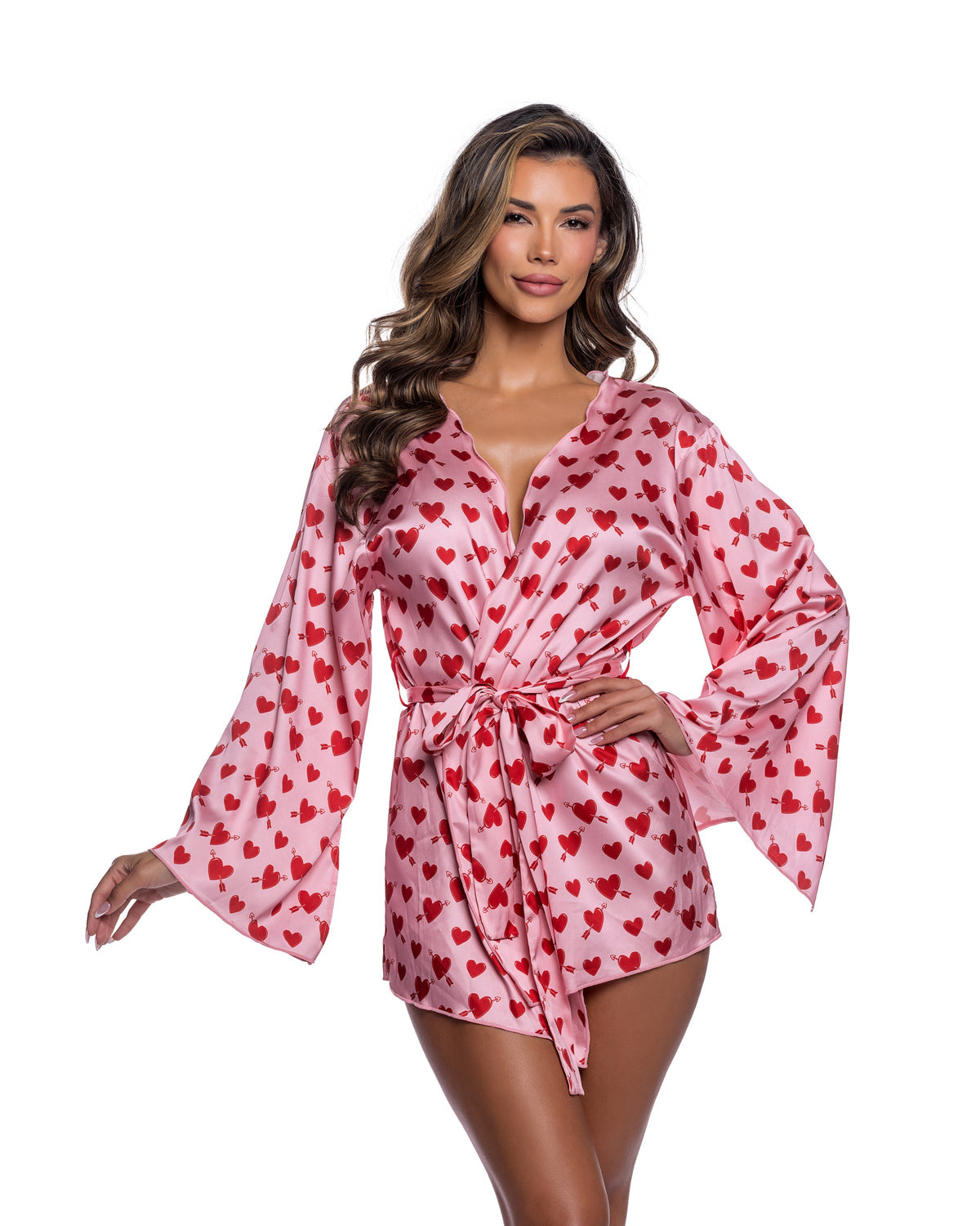 Cupid Heart Satin Kimono Robe with Heart Print & Waist Sash