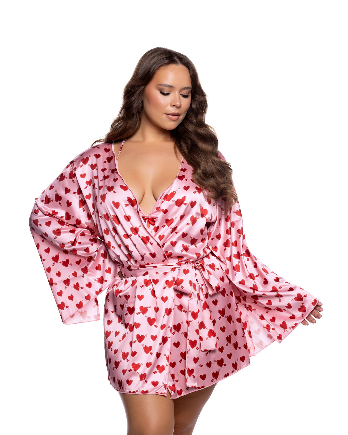 Cupid Heart Satin Kimono Robe with Heart Print & Waist Sash