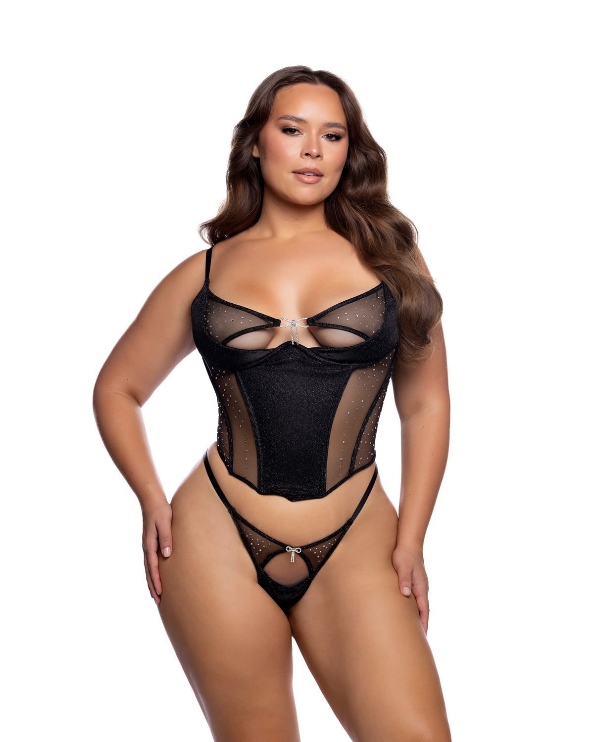 Midnight Shimmer Black Lurex Boned Bustier & Thong Set with Rhinestone Bows