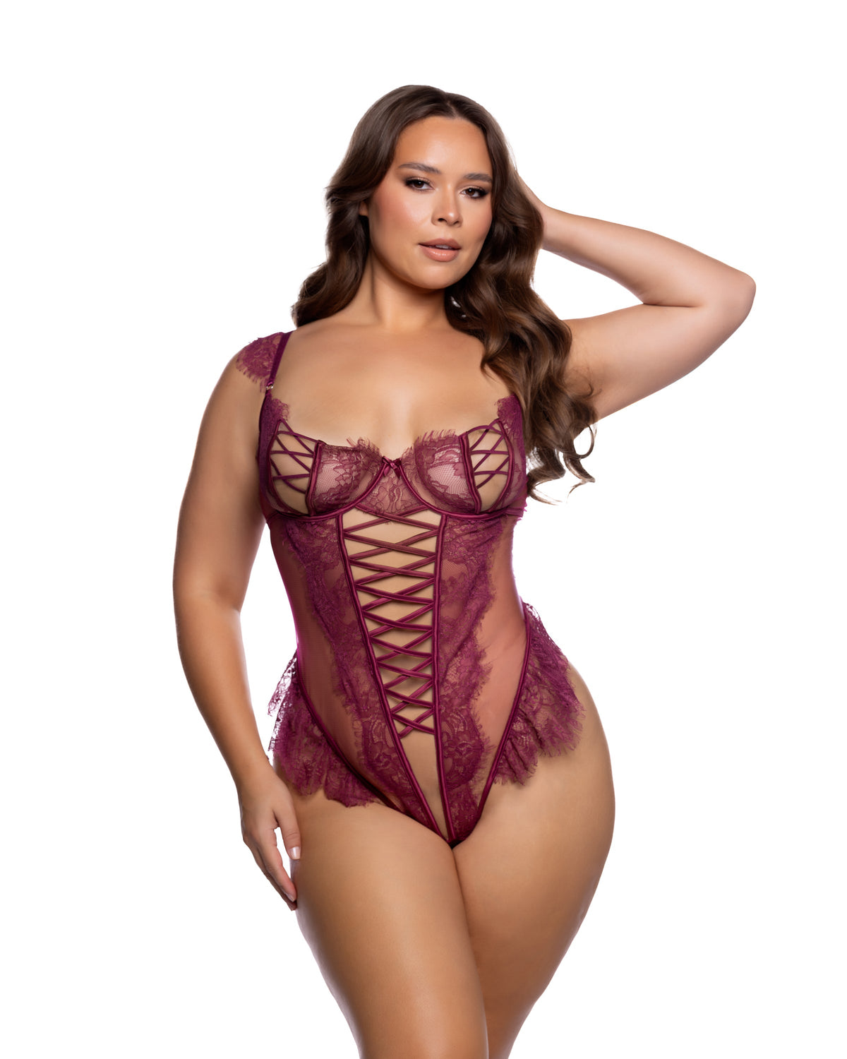 Sweet Temptation Wine Eyelash Lace Balconette Teddy with Underwire