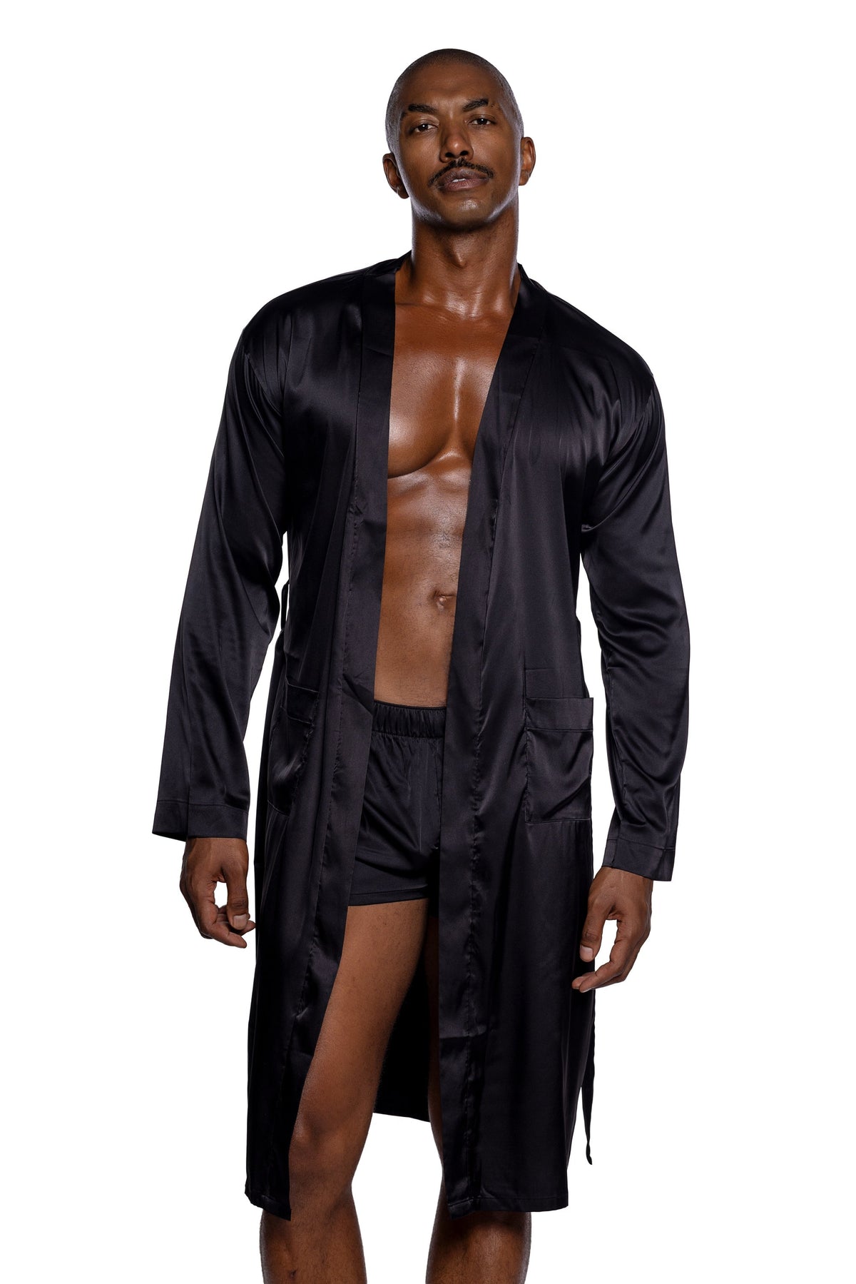 Men's Essentials Black Stretch Satin Robe with Sash