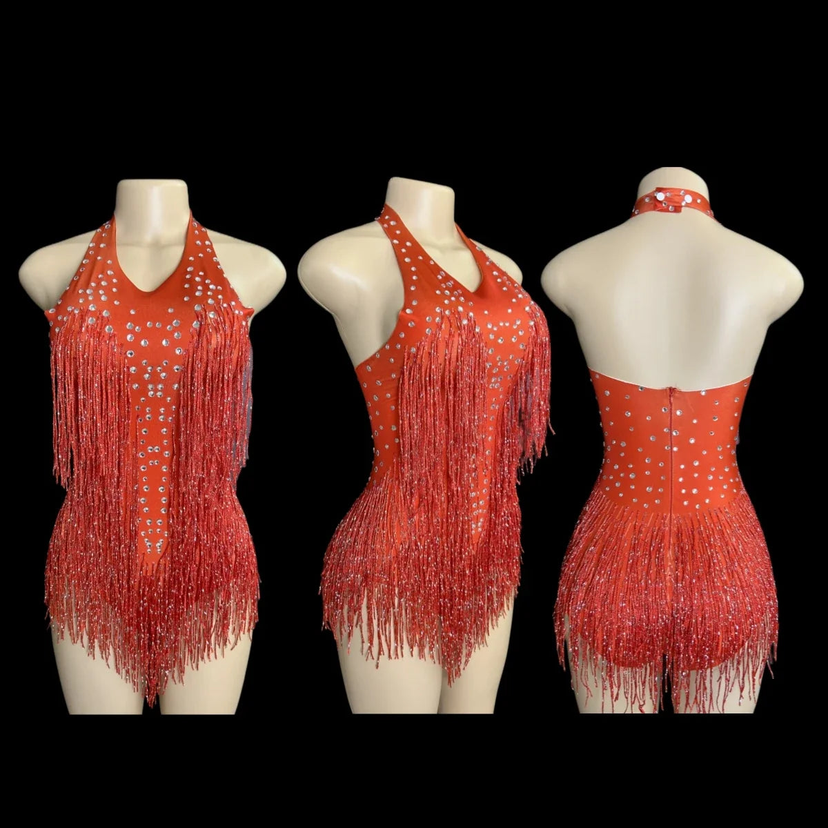 Sparkly Rhinestones Fringe Bodysuit Women Vightclub Party Dance Costume