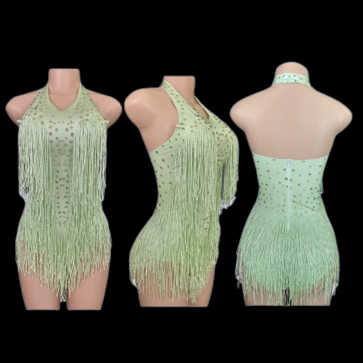 Sparkly Rhinestones Fringe Bodysuit Women Vightclub Party Dance Costume