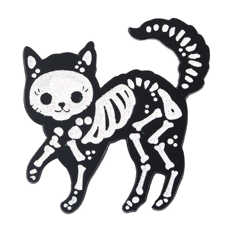 Funny Cat Skull Enamel Badge For Halloween