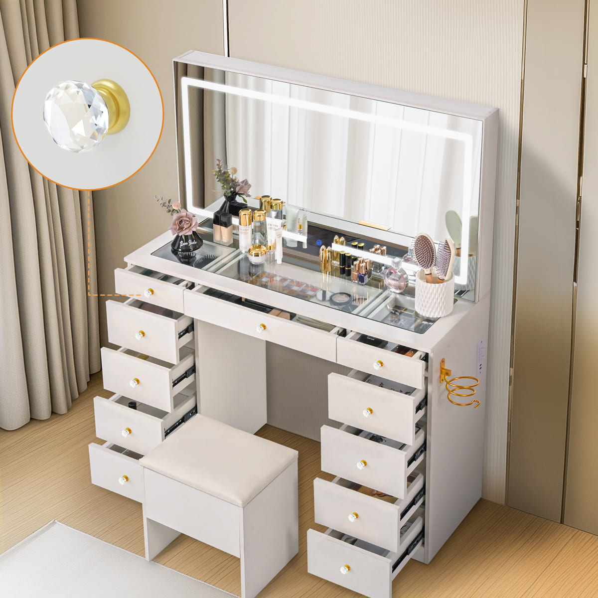 11-Drawer Vanity Desk with Crystal Handles, Glass Top & LED Mirror