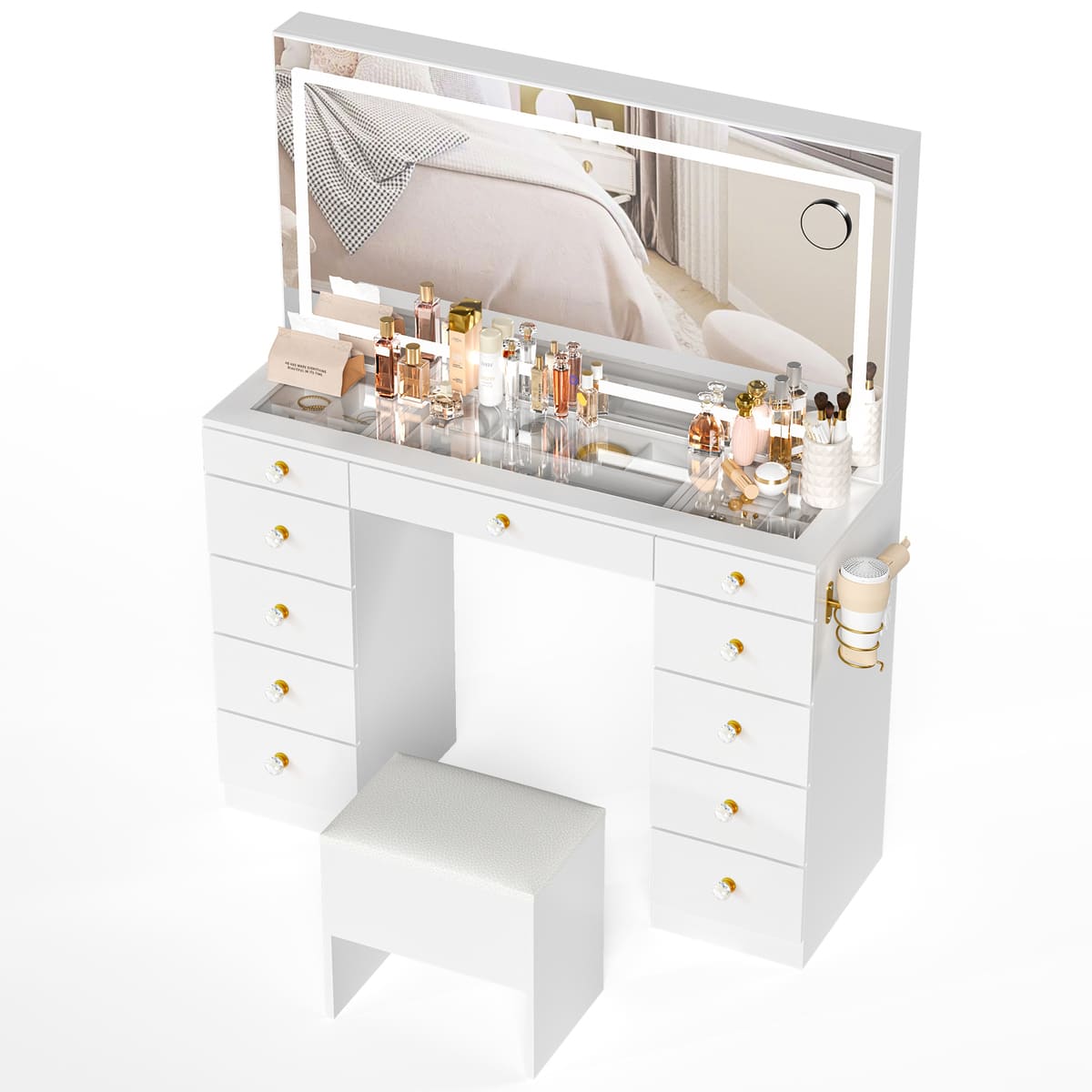 11-Drawer Vanity Desk with Crystal Handles, Glass Top & LED Mirror