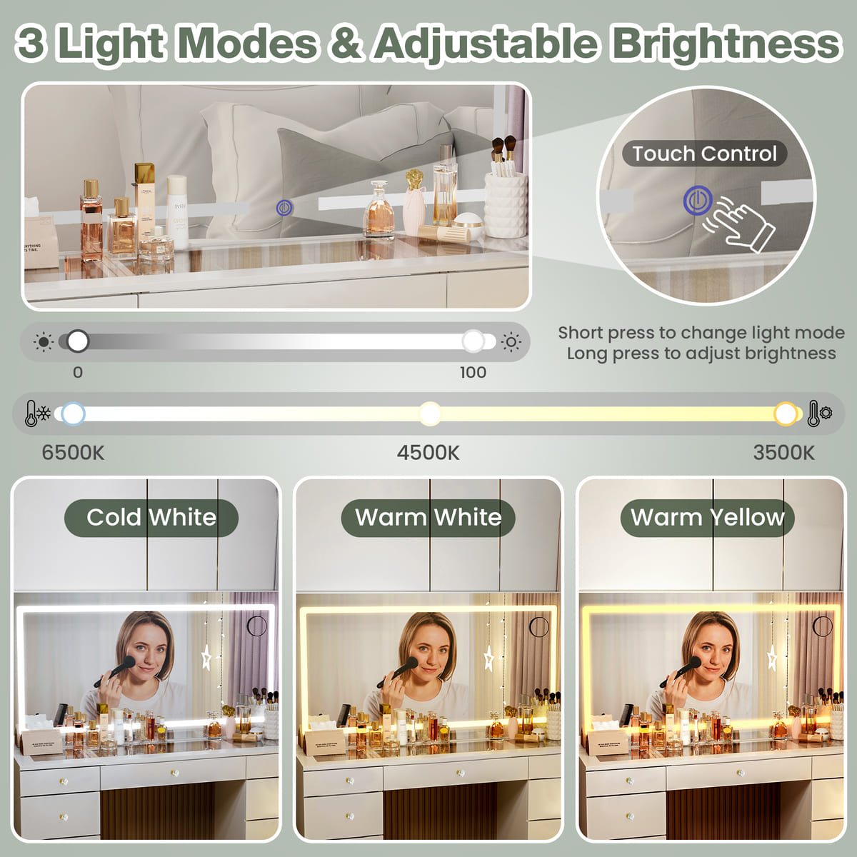 11-Drawer Vanity Desk with Crystal Handles, Glass Top & LED Mirror