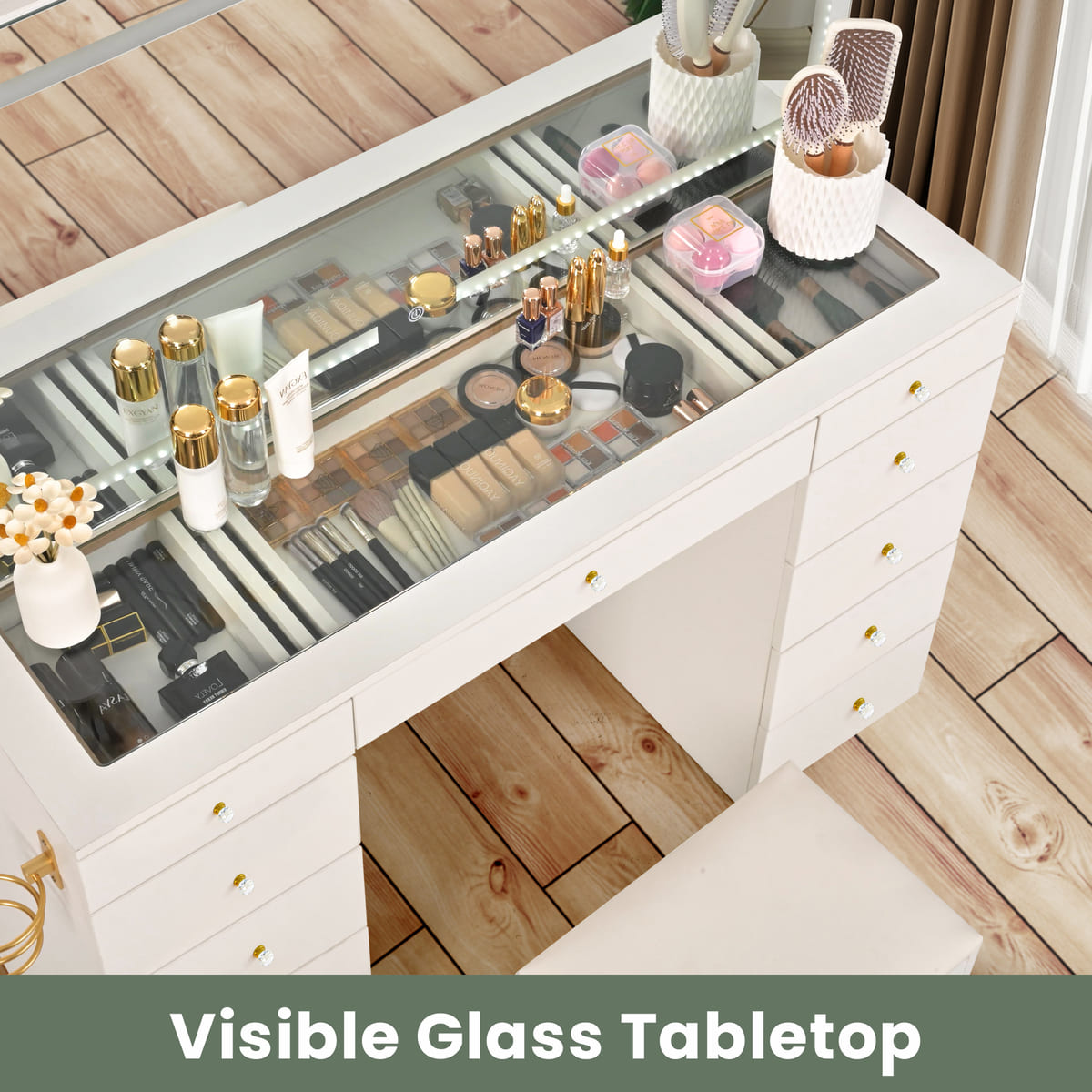 11-Drawer Vanity Desk with Crystal Handles, Glass Top & LED Mirror
