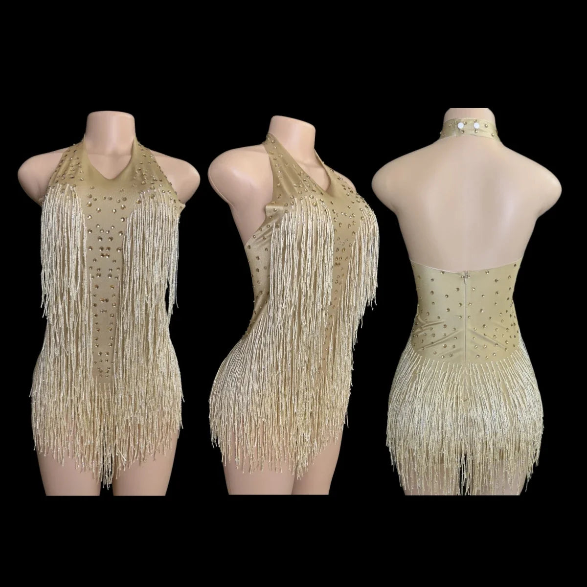 Sparkly Rhinestones Fringe Bodysuit Women Vightclub Party Dance Costume