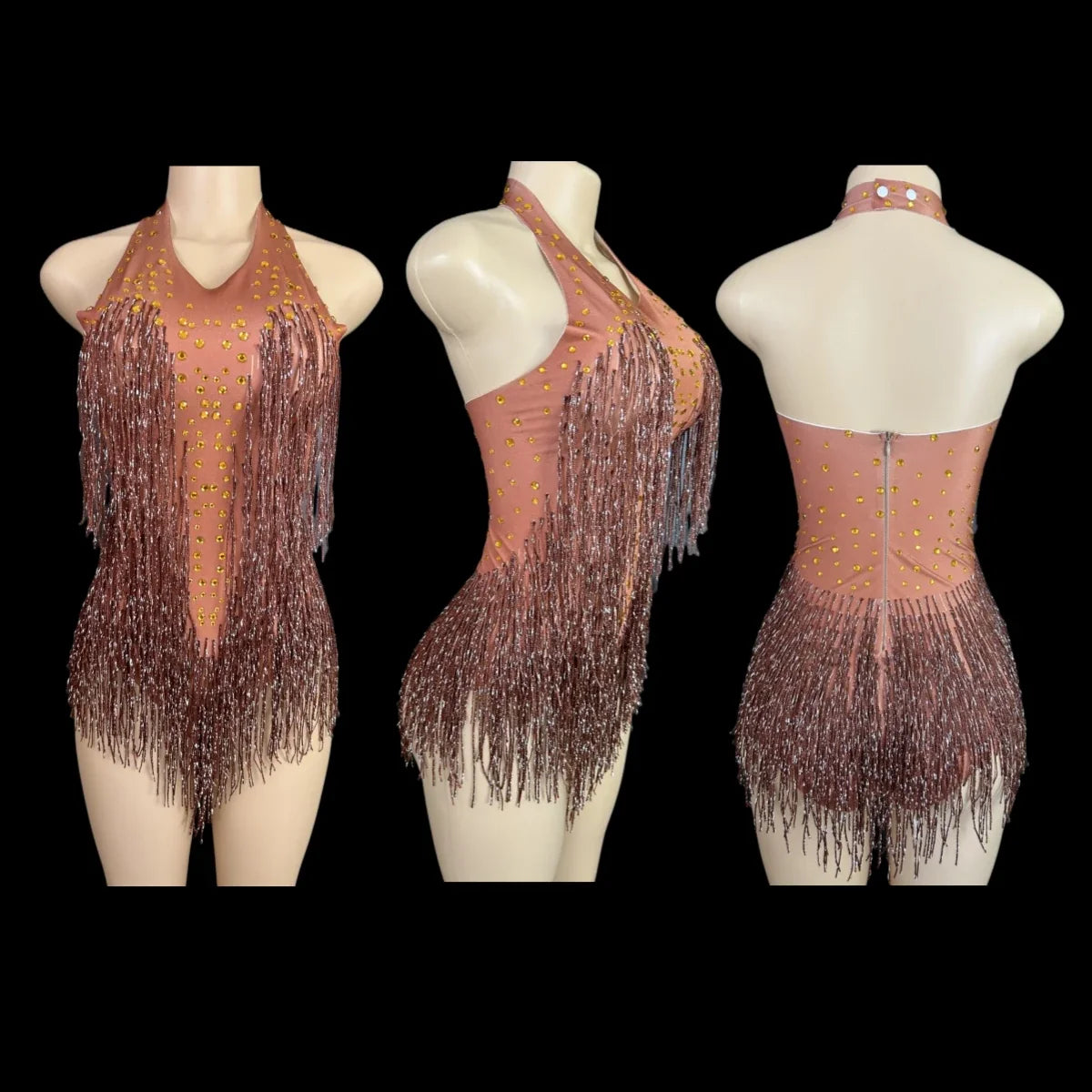 Sparkly Rhinestones Fringe Bodysuit Women Vightclub Party Dance Costume