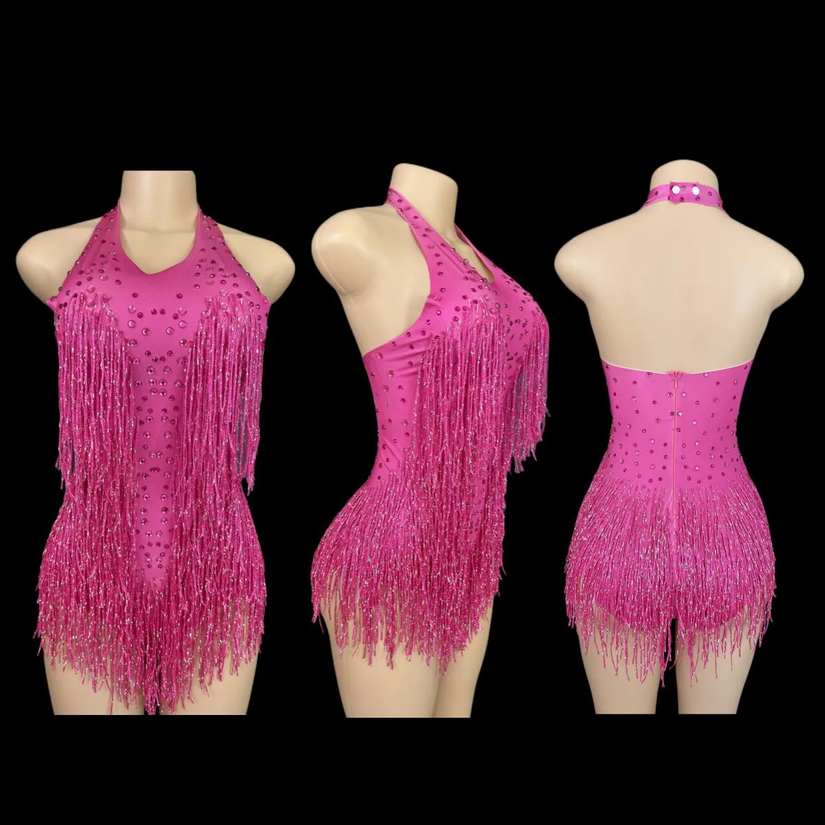 Sparkly Rhinestones Fringe Bodysuit Women Vightclub Party Dance Costume