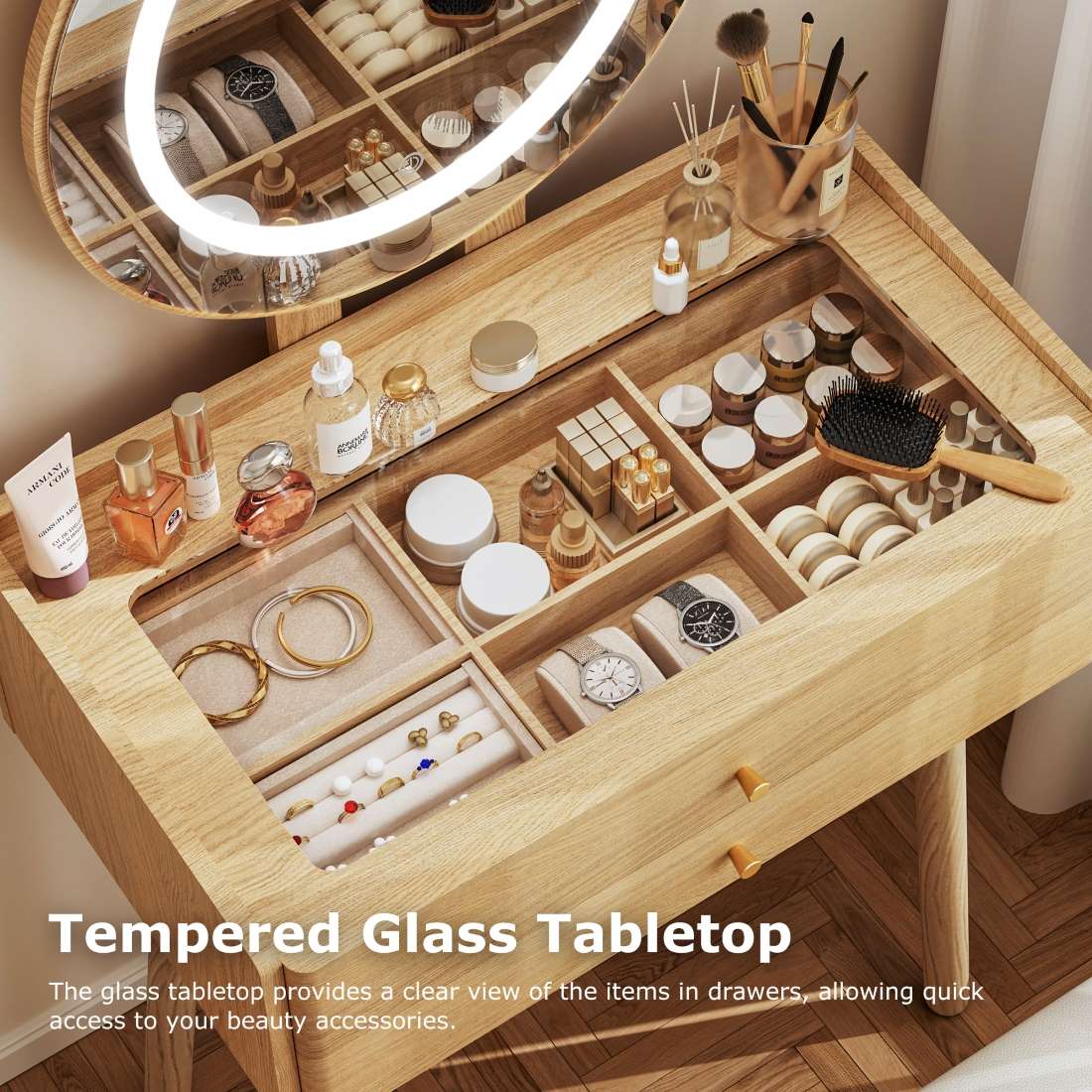 Small Vanity Desk with Round LED Mirror, Glass Top, Drawers & Stool