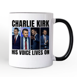 His Voice Lives On Charlie Kirk Graphic Mug, Women or Men Patriotic Republican Gift