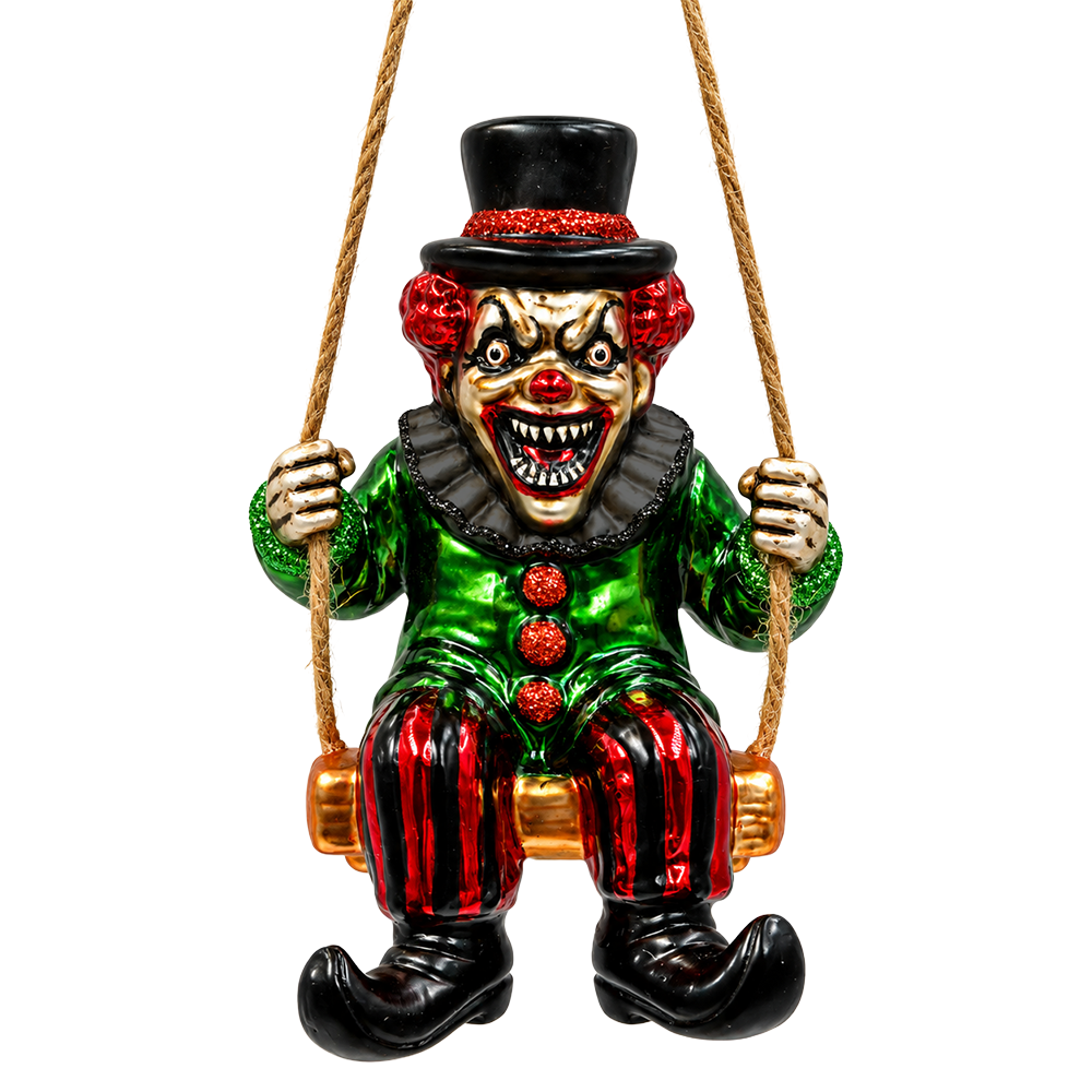 (PRE-ORDER) Evil Clown on Swing Glass Ornament, Creepy Carnival Horror Halloween Tree Decor