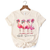 Flamingo Hello Summer T-Shirt, White and Natural Retro Tee with Tropical Birds