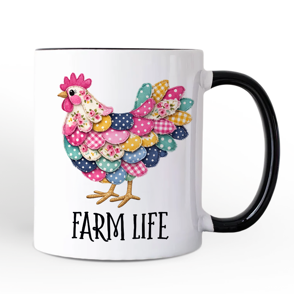 Floral Chicken Printed Faux Patchwork Mug, Coquette Hen Farm Life Gift
