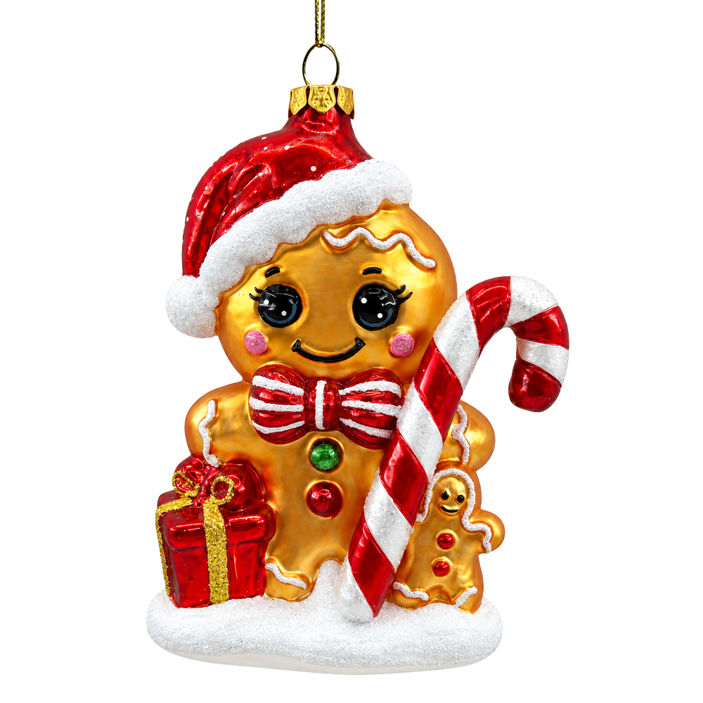 (PRE-ORDER) Gingerbread Man with Candy Cane Glass Christmas Ornament, Cute Cookie Holiday Tree Decor