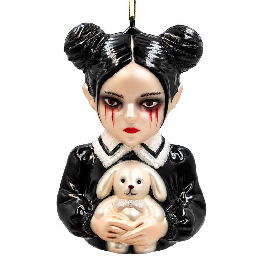 (PRE-ORDER) Gothic Doll with Bunny Toy Glass Ornament, Creepy Horror Halloween Tree Decor