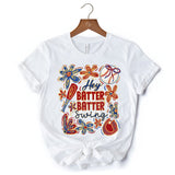 Hey Batter Batter Swing T-Shirt, Retro White and Natural Baseball Tee with Floral Accents
