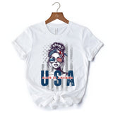 Made in America Messy Bun T-Shirt, Retro 4th of July White Patriotic Tee