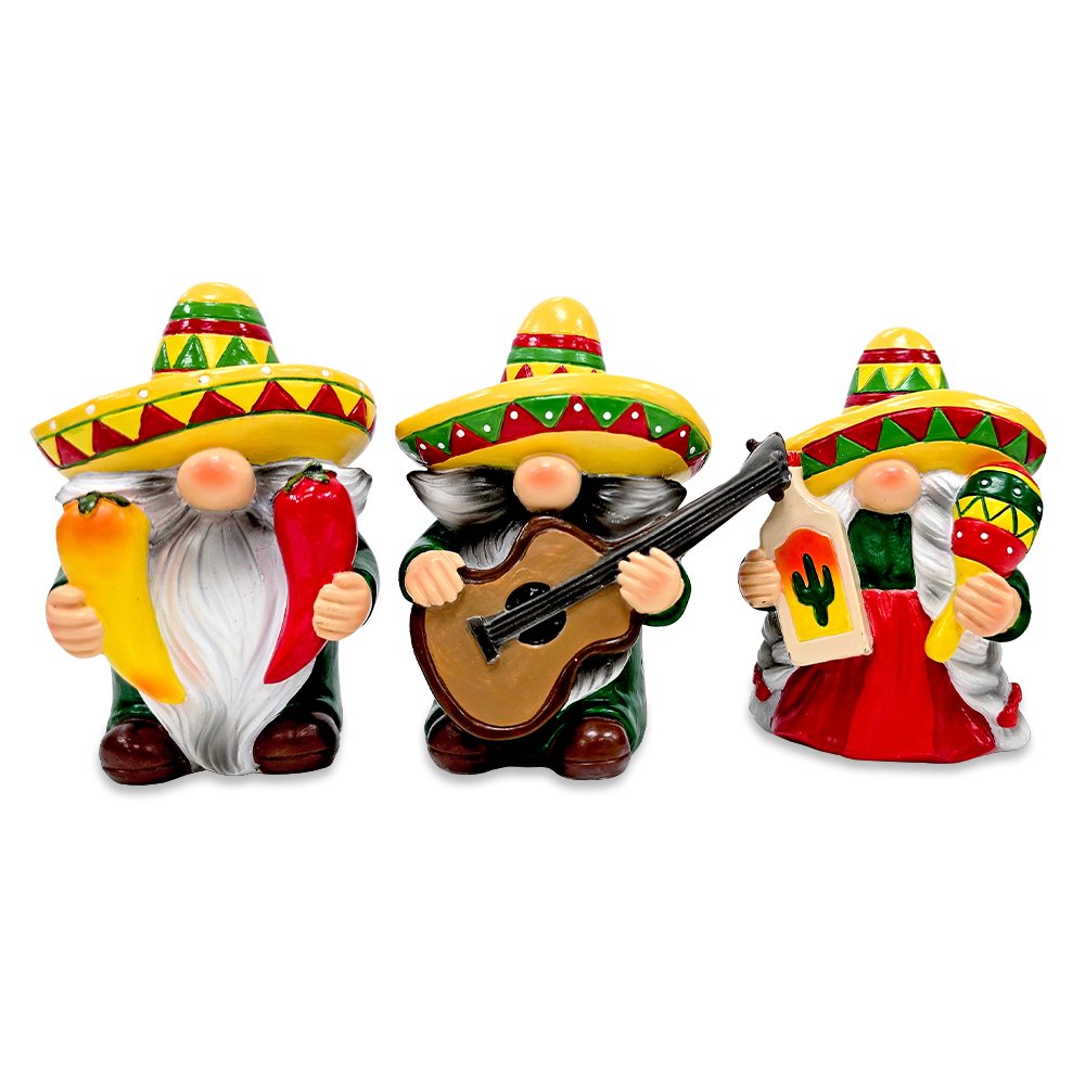 Mexican Gnome Garden Statue Set of 3, 4" Fiesta Dwarf Figurines Outdoor Decor