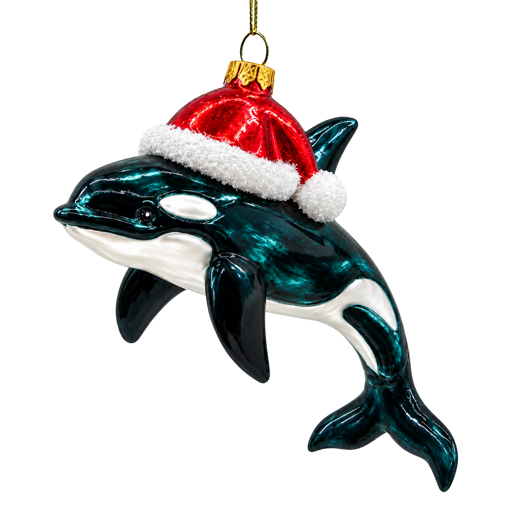 (PRE-ORDER) Orca Whale in Santa Hat Glass Christmas Ornament, Killer Whale Coastal Holiday Tree Decor