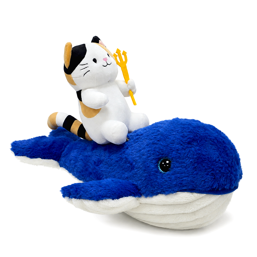 Pawseidon Cat Riding a Whale Plushie Set, 16" Funny Ocean Stuffed Animal Gift for Kids and Teens