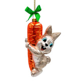 Playful Bunny Hanging on Carrot Glass Ornament, Christmas Gift for Kids