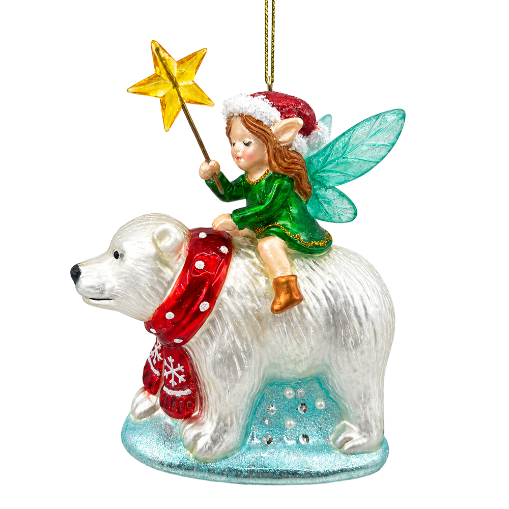 (PRE-ORDER) Polar Bear with Christmas Fairy Glass Ornament, Winter Fantasy Holiday Tree Decor