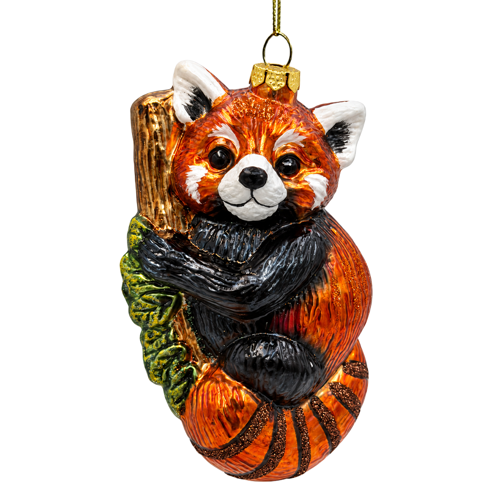 (PRE-ORDER) Red Panda on Tree Branch Glass Christmas Ornament, Woodland Wildlife Animal Holiday Decor