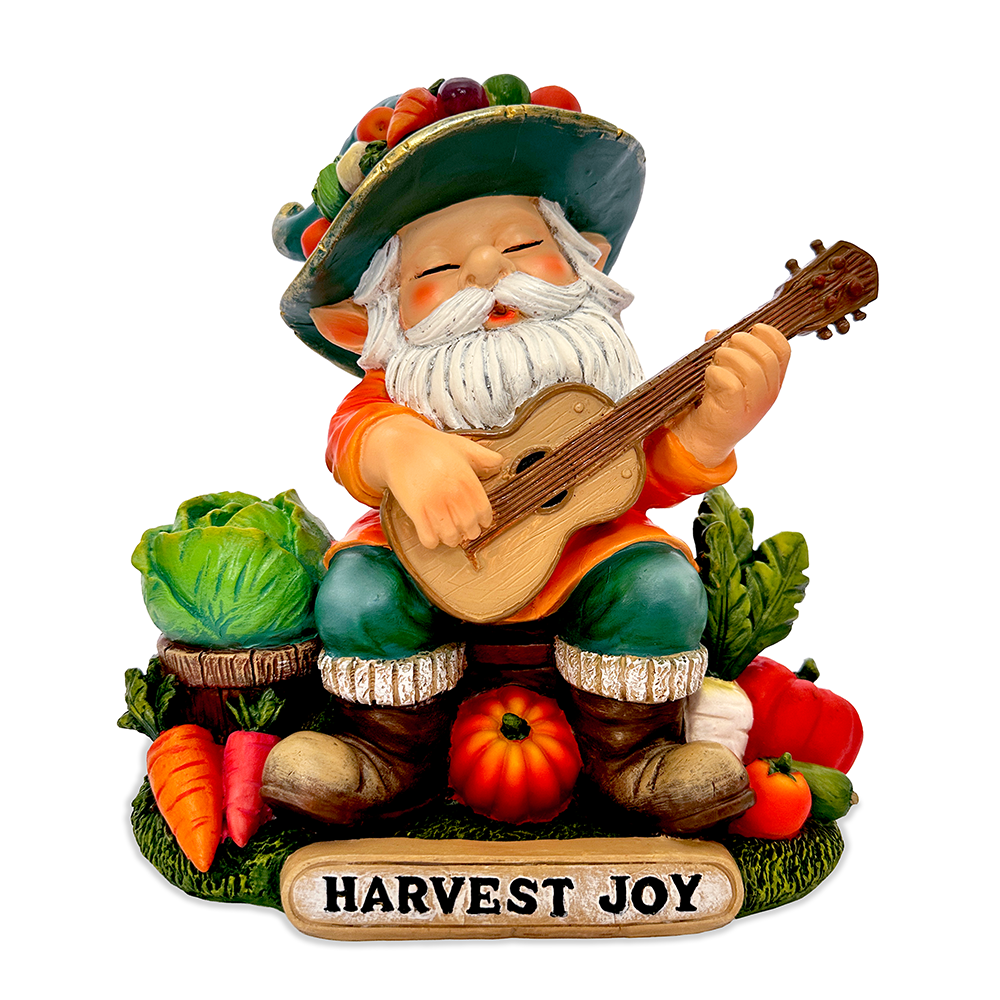 Veggie Farmer Gnome Figurine, 9" Ukulele Playing Vegetable Dwarf Garden Statue