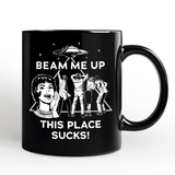 Beam Me Up This Place Sucks Comic Sarcastic Personalized Mug, Woman Retro UFO Meme Gift with Custom Name