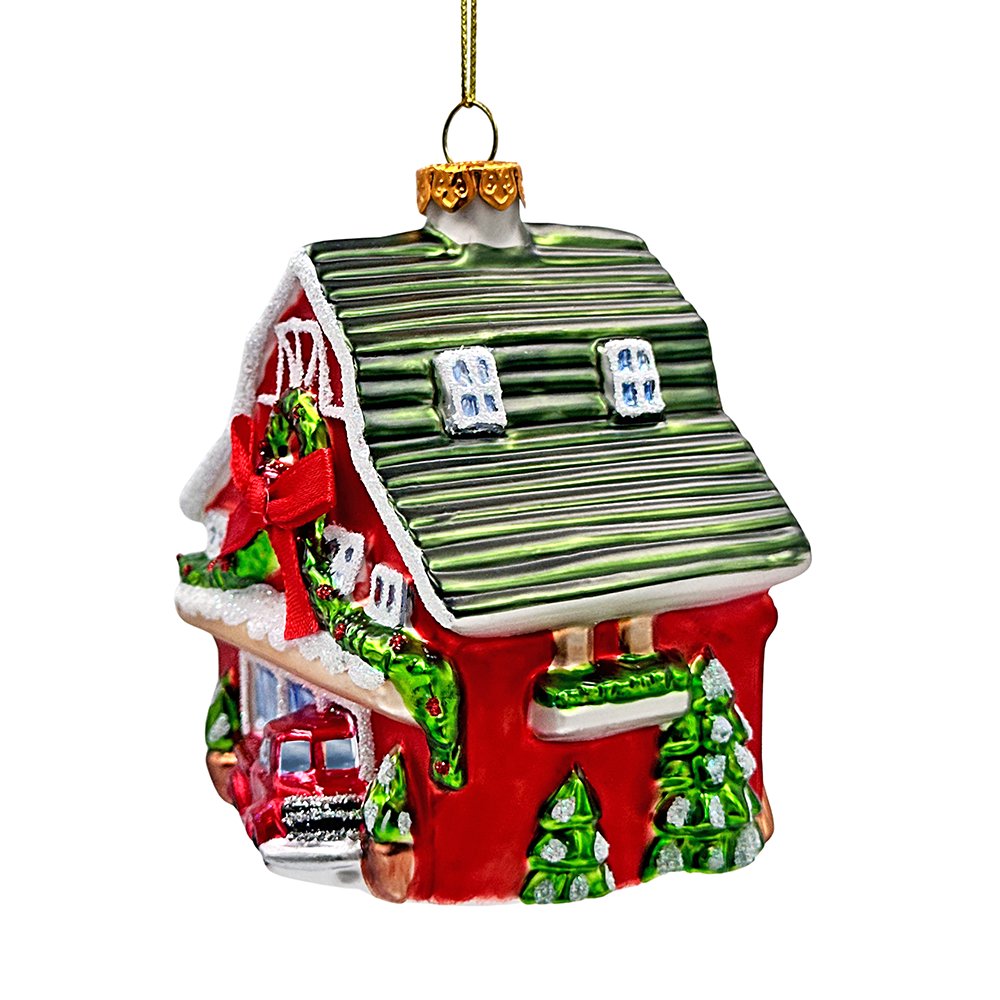 Charming Farmhouse Cabin Glass Christmas Ornament, Winter Rural Home Holiday Tree Decor