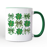 Coquette Clover Bows St Patrick’s Day Personalized Mug, Green Irish Lucky Shamrock Gift with Custom Name