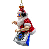 DJ Santa Spinning Christmas Party Glass Ornament, Headphones and Music Star Hipster Tree Decor