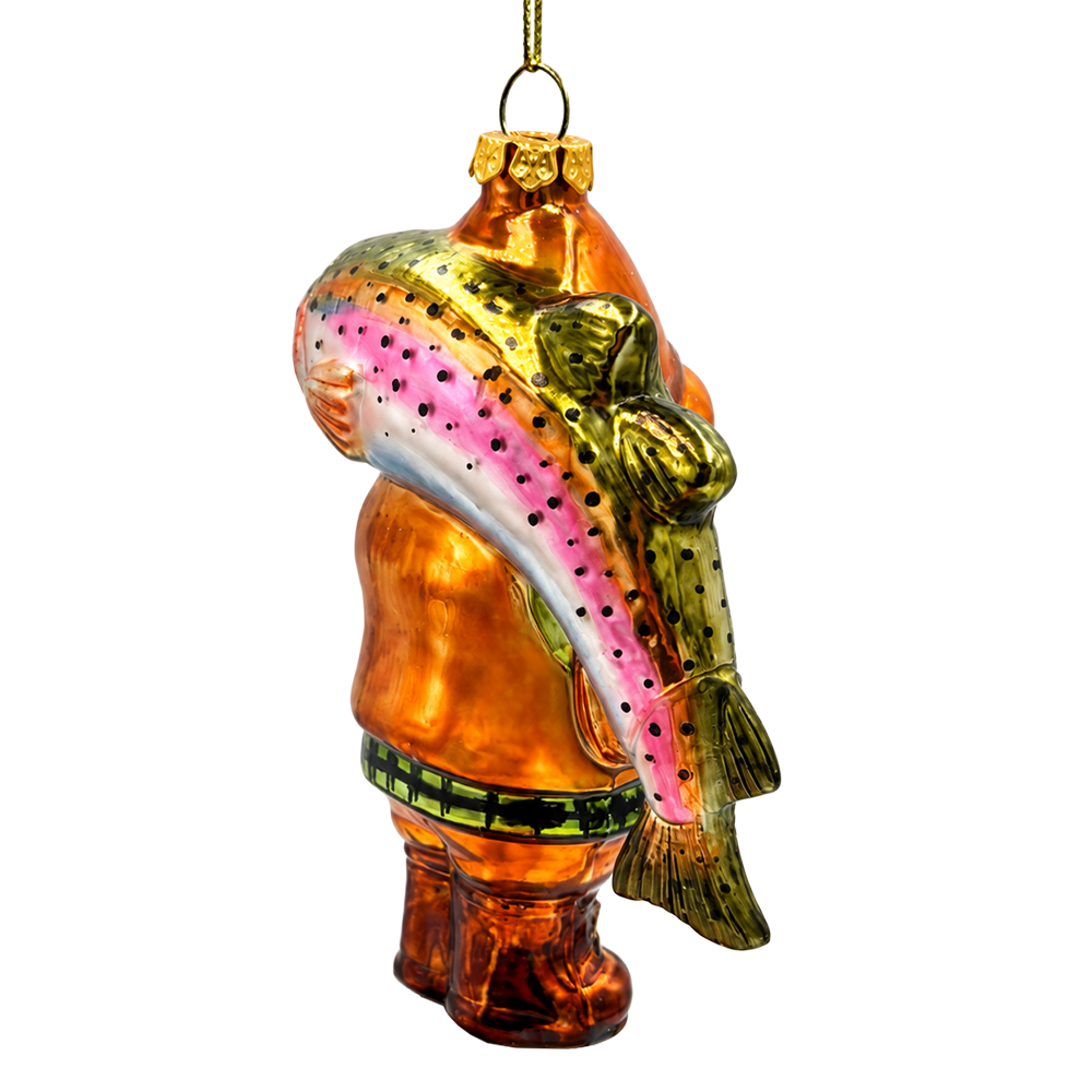 (PRE-ORDER) Fisherman Gnome with Trout Glass Christmas Ornament, Fishing Gift Outdoorsman Holiday Tree Decor