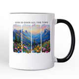 God Is Good All the Time Mountain Christian Personalized Mug, Wildflower Brushstroke Bible Verse Faith Gift with Custom Name