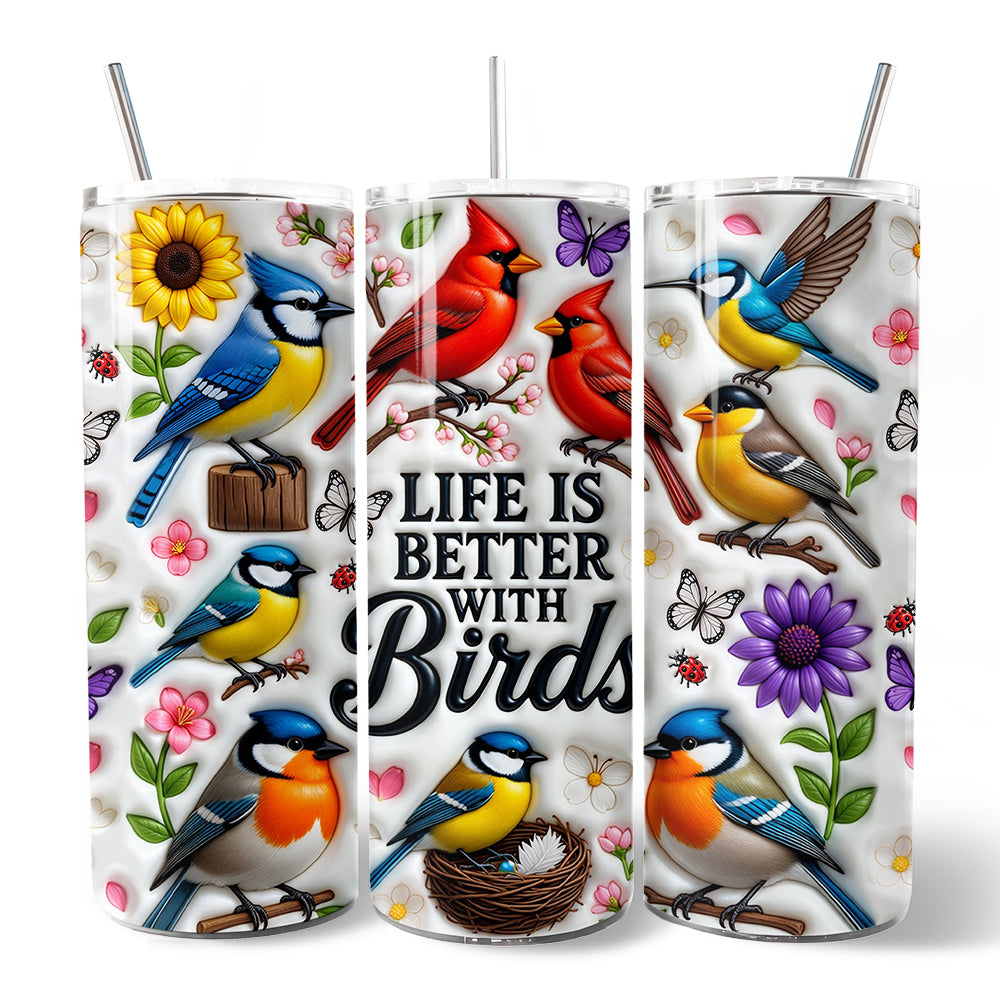Inflated Life Is Better With Birds 20oz Personalized Tumbler With Lid and Stainless Steel Straw, Colorful Birdwatcher Gift Cup