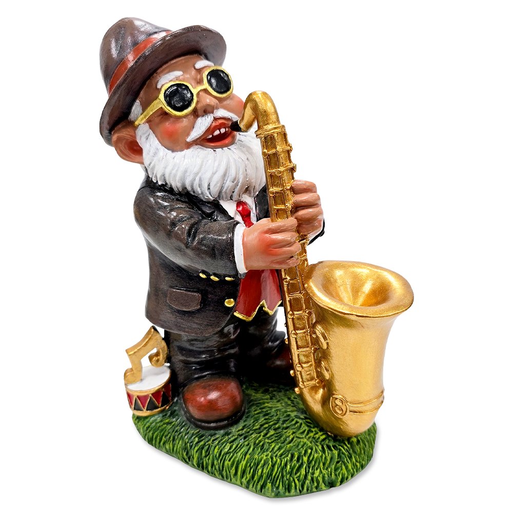 Jazzy Gnome Garden Statue, 8" Music Playing Dwarf Figurine Outdoor Decor