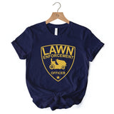 Lawn Enforcement Officer T-Shirt, Funny Badge Style Navy and Black Tee for Lawn Mower Gardener Dad