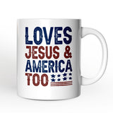 Loves Jesus and America Too Personalized Mug, Patriotic Gift for Proud Americans with Custom Name
