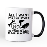Mechanic Tools & Car Parts Christmas Personalized Mug, All I Want for Christmas Garage Quote Gift with Custom Name