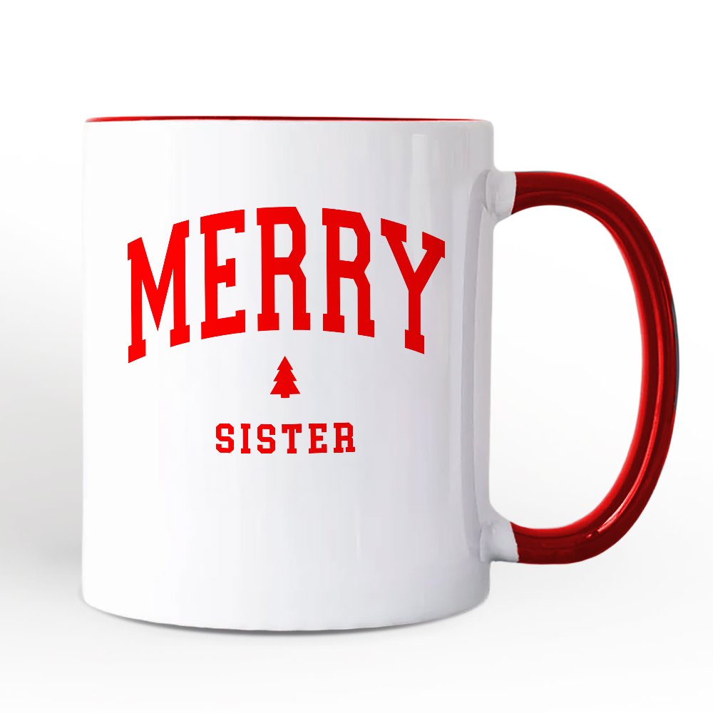 Merry Sister Retro Christmas Personalized Mug, Matching Family Holiday Gift with Custom Name